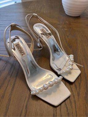 Badgley Mischka Ivory Satin Pearl-Trim Slingback Heels